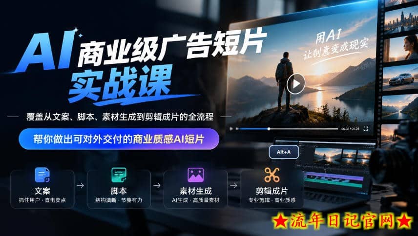 AI商业级广告短片实战课，覆盖从文案、脚本、素材生成到剪辑成片的全流程，帮你做出可对外交付的商业质感AI短片-流年日记