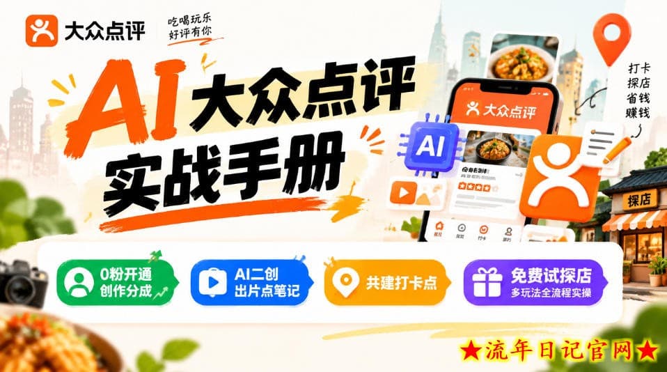 某局的AI大众点评实战手册,0粉开通创作分成、AI二创出片点笔记、共建打卡点、免费试探店多玩法全流程实操-流年日记