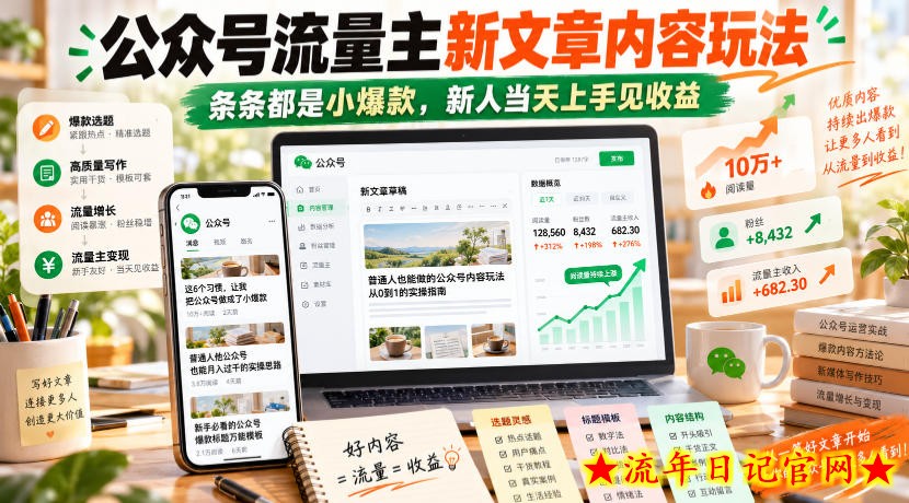 公众号流量主新文章内容玩法,条条都是小爆款,新人当天上手见收益-流年日记