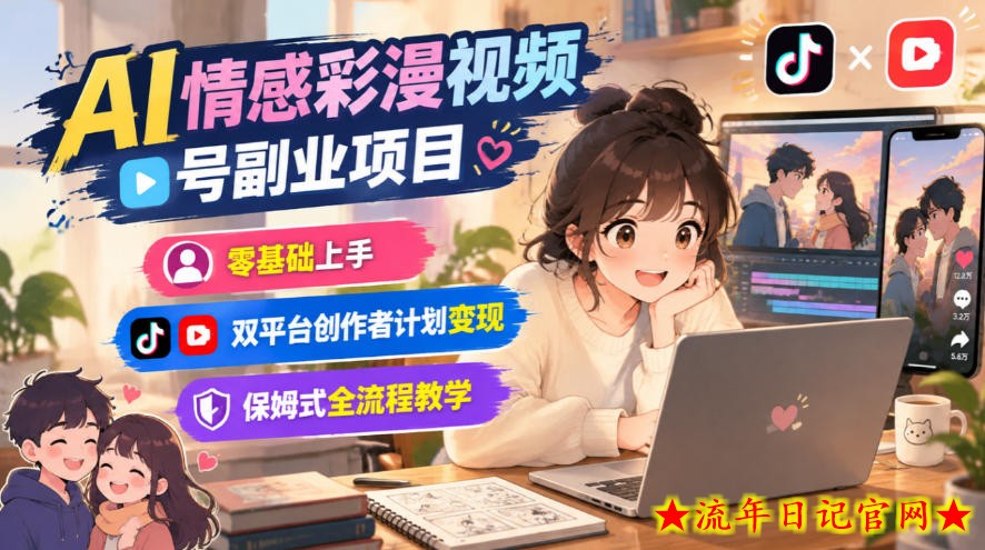 AI情感彩漫视频号副业项目,零基础上手,双平台创作者计划变现,保姆式全流程教学-流年日记