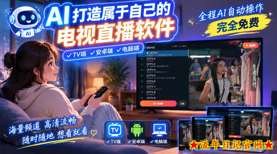 一个提示词,AI全自动做出电视直播软件,电脑、安卓、电视三端通用,完全免费,画质流畅不卡顿-流年日记