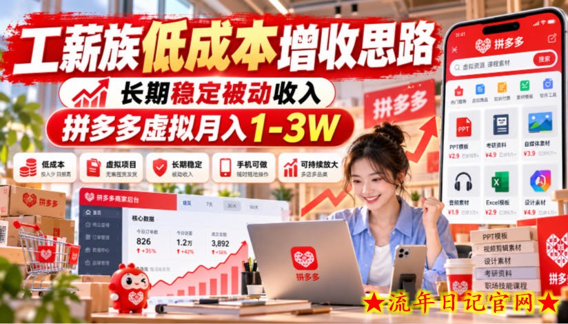 工薪族低成本增收思路,长期稳定被动收入,拼多多虚拟月入1-3W-流年日记
