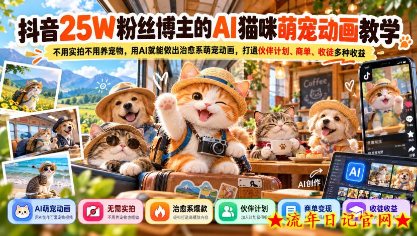 抖音25W粉丝博主的AI猫咪萌宠动画教学,不用实拍不用养宠物,用AI就能做出治愈系萌宠动画,打通伙伴计划、商单、收徒多种收益-流年日记