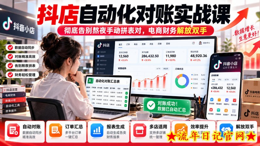 抖店自动化对账实战课,彻底告别熬夜手动拼表对,账电商财务解放双手-流年日记