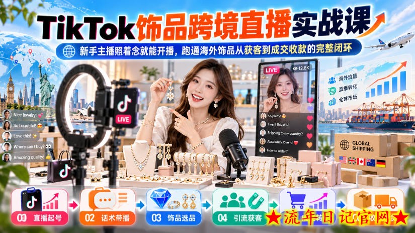 TikTok饰品跨境直播实战课，新手主播照着念就能开播，跑通海外饰品从获客到成交收款的完整闭环-流年日记