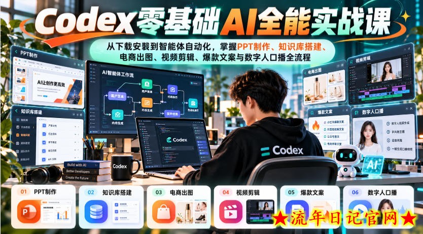 Codex零基础AI全能实战课：从下载安装到智能体自动化，掌握知识库搭建、电商出图、视频剪辑、爆款文案与数字人口播全流程-流年日记