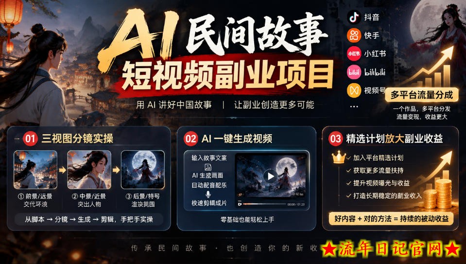 AI民间故事短视频副业项目，多平台流量分成，三视图分镜实操，精选计划放大副业收益-流年日记