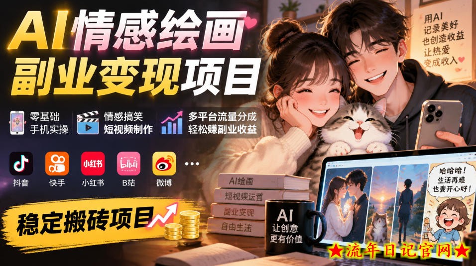 AI情感绘画副业变现项目｜零基础手机实操，情感搞笑短视频制作，多平台流量分成轻松賺副业收益-流年日记