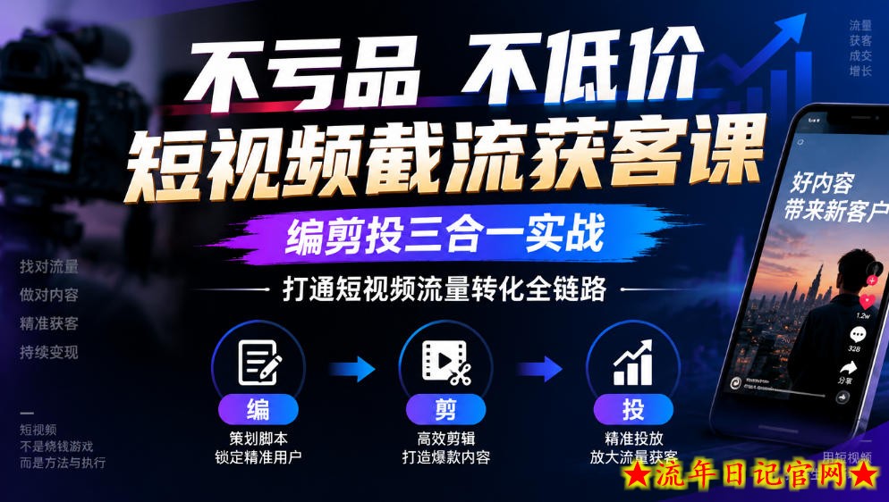 不亏品不低价短视频截流获客课，编剪投三合一实战，打通短视频流量转化全链路-流年日记