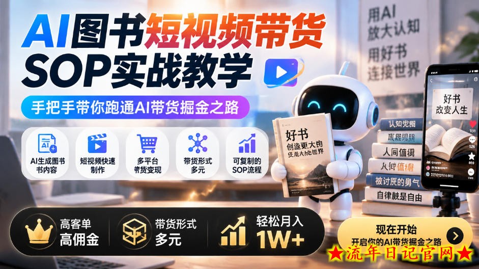 AI图书短视频带货SOP实战教学，手把手带你跑通AI带货掘金之路，高客单高佣金，带货形式多元，轻松月入1W+-流年日记