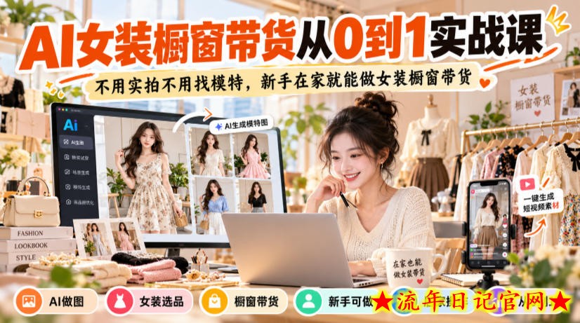AI女装橱窗带货从0到1实战课,不用实拍不用找模特,新手在家就能做女装橱窗带货-流年日记