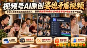 视频号ai原创婆媳矛盾视频，普通人跟着流程就能批量出片，解锁视频号分成计划+橱窗带货+收徒等多种收益-流年日记