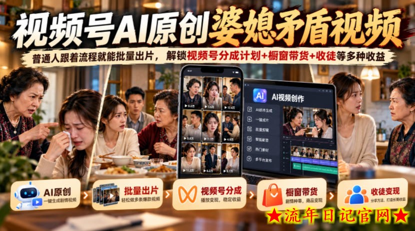 视频号ai原创婆媳矛盾视频,普通人跟着流程就能批量出片,解锁视频号分成计划+橱窗带货+收徒等多种收益-流年日记