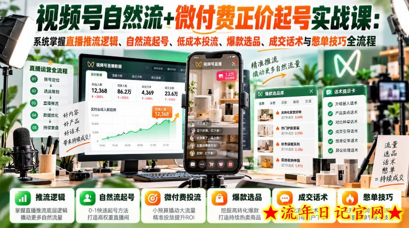 视频号自然流+微付费正价起号实战课:系统掌握直播推流逻辑、自然流起号、低成本投流、爆款选品、成交话术与憋单技巧全流程-流年日记