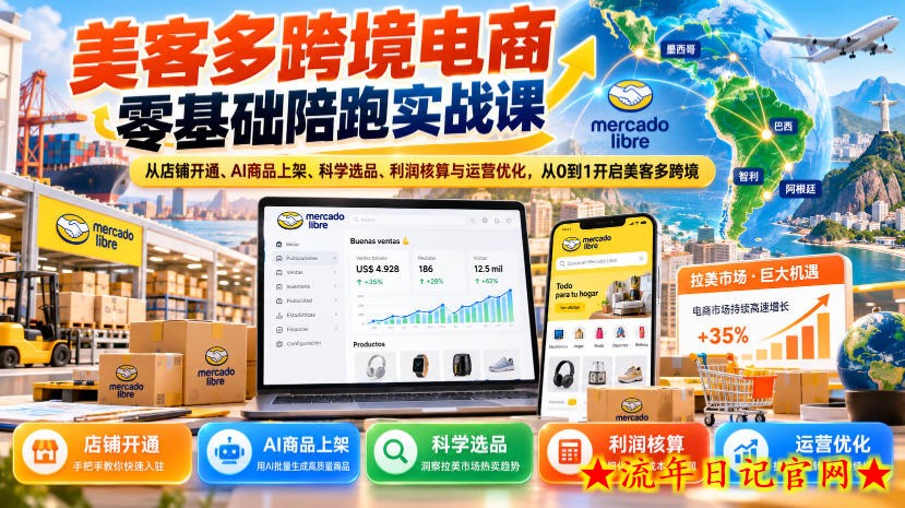 美客多跨境电商零基础陪跑实战课:从店铺开通、AI商品上架、科学选品、利润核算与运营优化,从0到1开启美客多跨境-流年日记