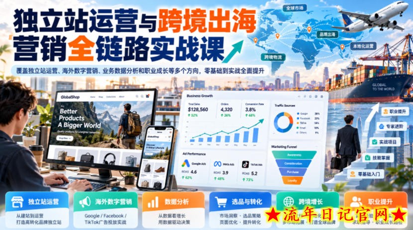 独立站运营与跨境出海营销全链路实战课,覆盖独立站运营、海外数字营销、业务数据分析和职业成长等多个方向,零基础到实战全面提升-流年日记