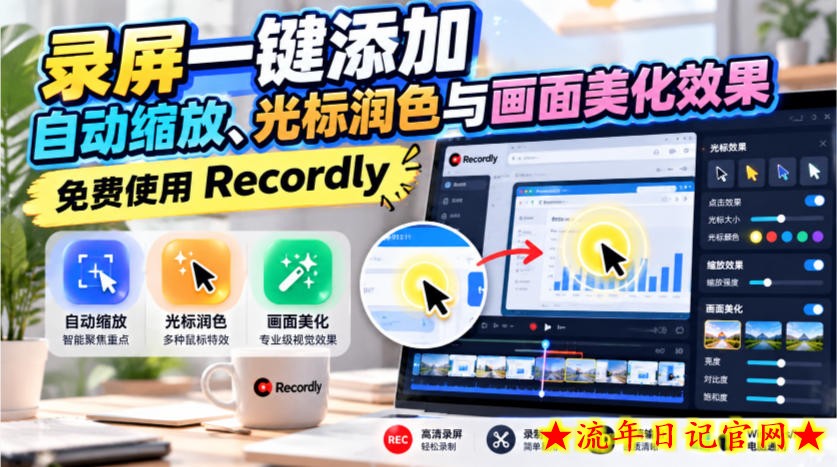 录屏一键添加自动缩放、光标润色与画面美化效果,免费使用Recordly-流年日记
