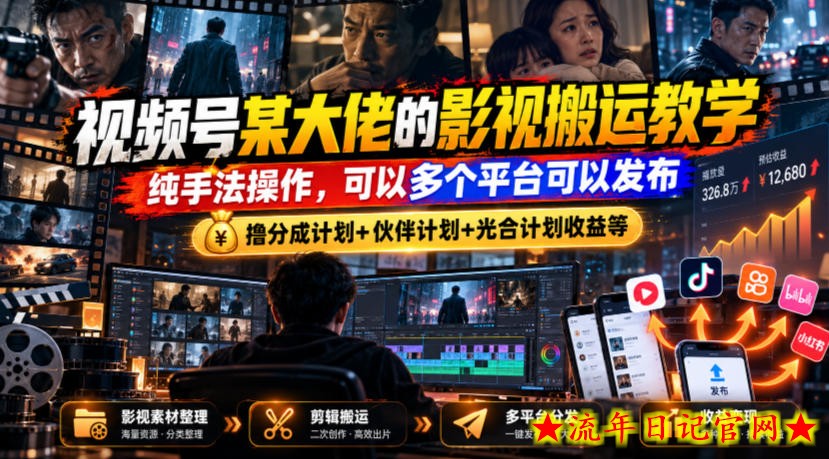 视频号某大佬的影视搬运教学,纯手法操作,可以多个平台可以发布,撸分成计划+伙伴计划+光合计划收益等-流年日记