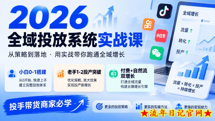 2026全域投放系统实战课,小白0-1搭建,老手1-2投产突破,付费+自然流双增长,投手带货商家必学-流年日记