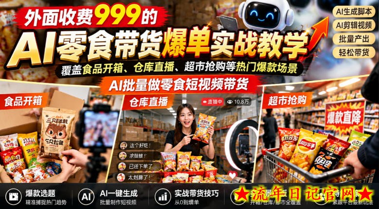 外面收费999的AI零食带货爆单实战教学,覆盖食品开箱、仓库直播、超市抢购等热门爆款场景,AI批量做零食短视频带货-流年日记