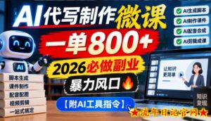 AI代写制作微课，一单800+，2026必做副业，暴力风口【附AI工具指令】【揭秘】-流年日记