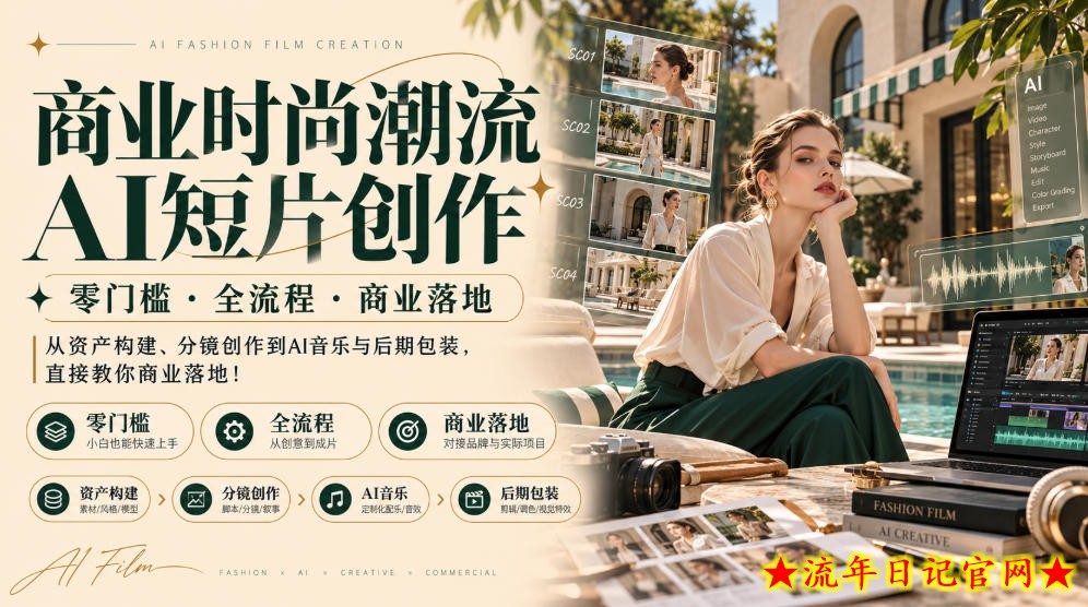 商业时尚潮流AI短片创作|零门槛・全流程・商业落地,从资产构建、分镜创作到AI音乐与后期包装,直接教你商业落地!-流年日记
