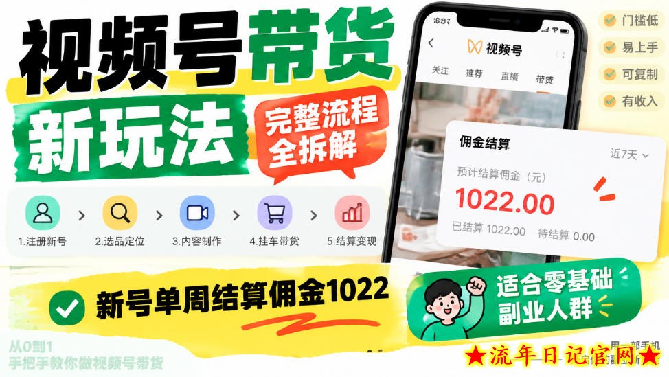 视频号带货新玩法，完整流程全拆解，新号单周结算佣金1k，适合零基础副业人群-流年日记