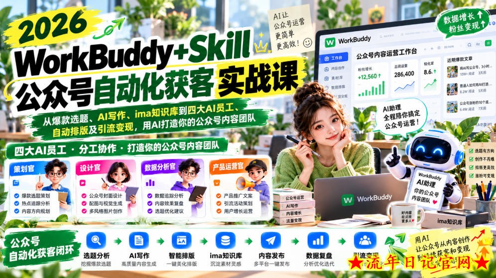 2026WorkBuddy+Skill公众号自动化获客实战课，从爆款选题、AI写作、ima知识库到四大AI员工、自动排版及引流变现，用AI打造你的公众号内容团队-流年日记