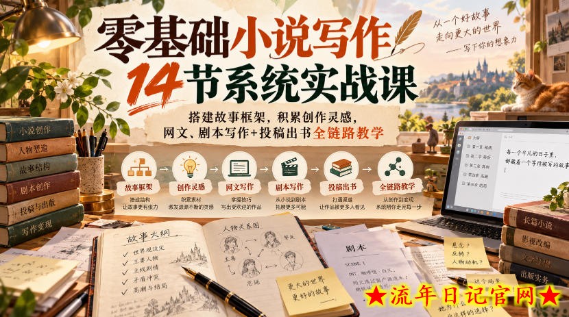 零基础小说写作14节系统实战课，搭建故事框架，积累创作灵感，网文、剧本写作+投稿出书全链路教学-流年日记