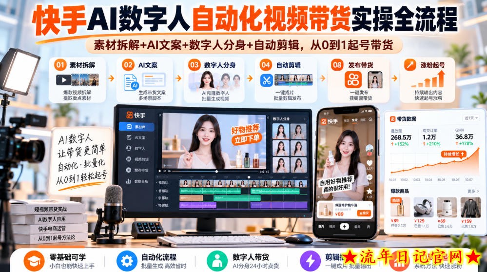快手AI数字人自动化视频带货实操全流程｜素材拆解+AI文案+数字人分身+自动剪辑，从0到1起号带货（更新26年）-流年日记