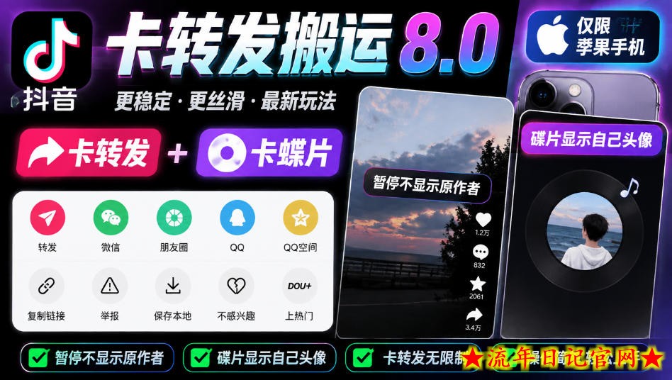 抖音卡转发搬运8.0，仅限苹果手机，卡转发+卡蝶片，暂停不显示原作者，碟片显示自己头像-流年日记