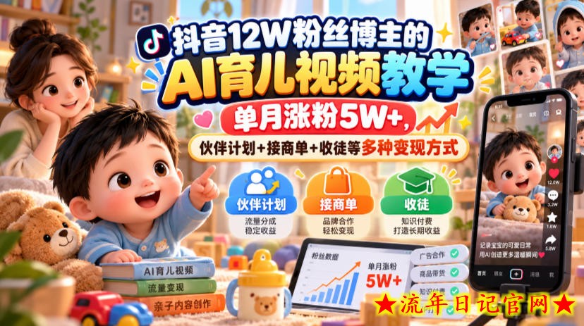 抖音12W粉丝博主的AI育儿视频教学,单月涨粉5W+,伙伴计划+接商单+收徒等多种变现方式-流年日记