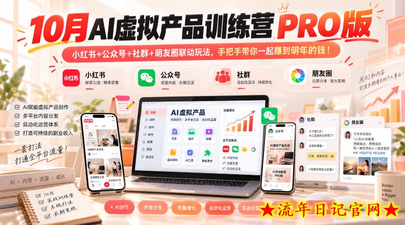10月AI虚拟产品训练营PRO版，小红书+公众号+社群+朋友圈联动玩法，手把手带你一起赚到明年的钱！