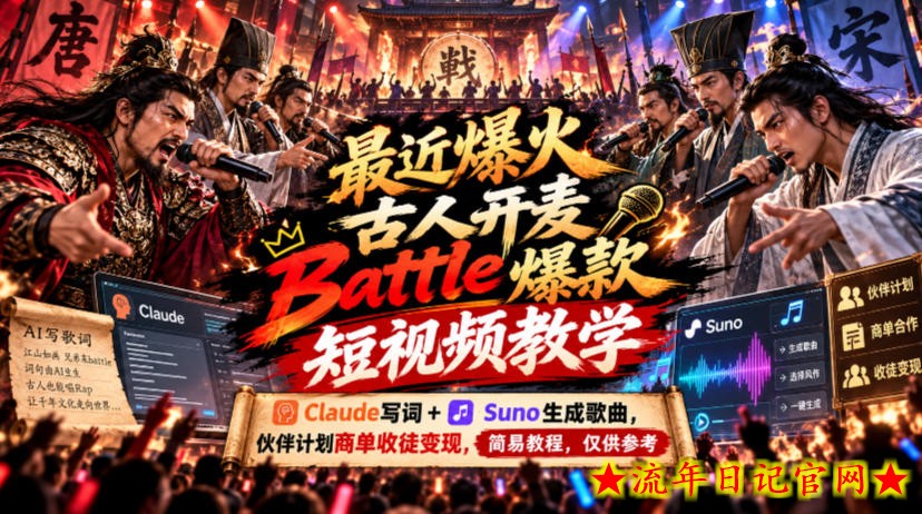 最近爆火古人开麦Battle爆款短视频教学，Claude写词+Suno生成歌曲，伙伴计划商单收徒变现，简易教程，仅供参考