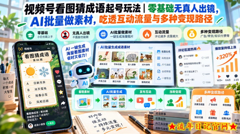 视频号看图猜成语起号玩法｜零基础无真人出镜，AI批量做素材，吃透互动流量与多种变现路径