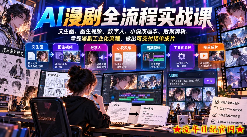 AI漫剧全流程实战课，文生图、图生视频、数字人、小说改剧本、后期剪辑，掌握漫剧工业化流程，做出可交付接单成片-流年日记