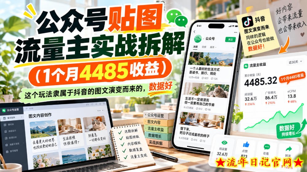 公众号贴图流量主实战拆解(1个月4485收益),这个玩法隶属于抖音的图文演变而来的,数据好-流年日记