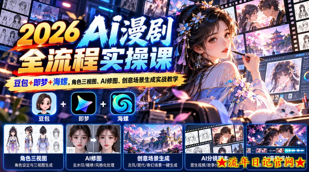 【无水印】2026 AI漫剧全流程实操课|豆包+即梦+海螺,角色三视图、AI修图、创意场景生成实战教学-流年日记