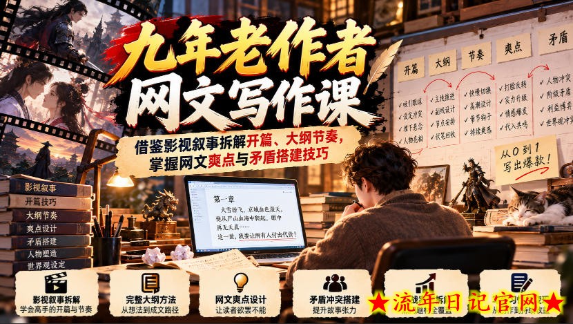 九年老作者网文写作课:借鉴影视叙事拆解开篇、大纲节奏,掌握网文爽点与矛盾搭建技巧-流年日记