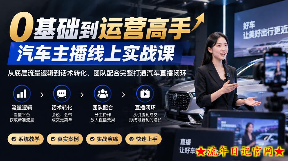 0基础到运营高手,汽车主播线上实战课,从底层流量逻辑到话术转化、团队配合完整打通汽车直播闭环-流年日记