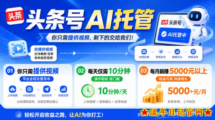 头条号AI托管,我提供视频,你发布,每天10分钟,月躺賺5000+【揭秘】-流年日记