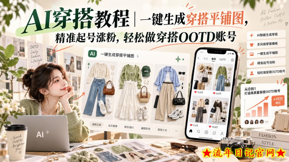AI穿搭教程｜一键生成穿搭平铺图，精准起号涨粉，轻松做穿搭OOTD账号-流年日记