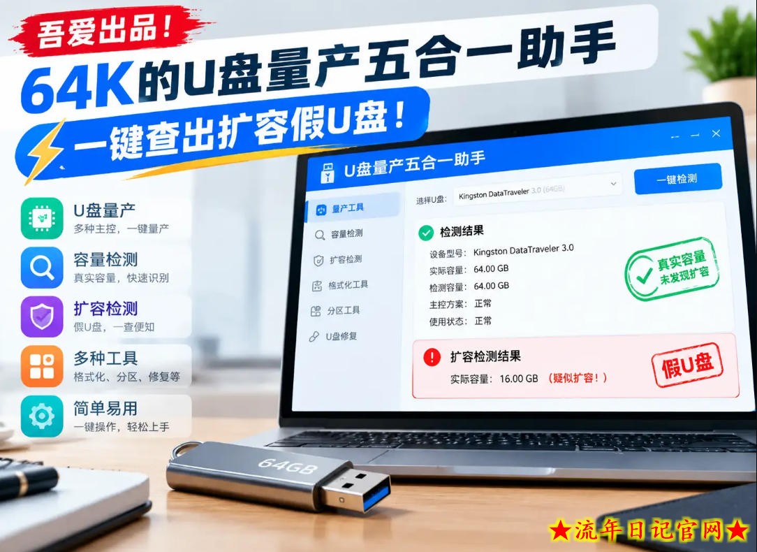 吾爱出品！64K的U盘量产五合一助手，一键查出扩容假U盘！