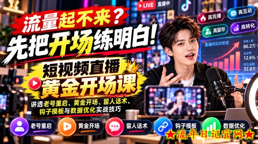 【无水印】流量起不来？先把开场练明白！短视频直播黄金开场课，讲透老号重启、黄金开场、留人话术、钩子模板与数据优化实战技巧-流年日记