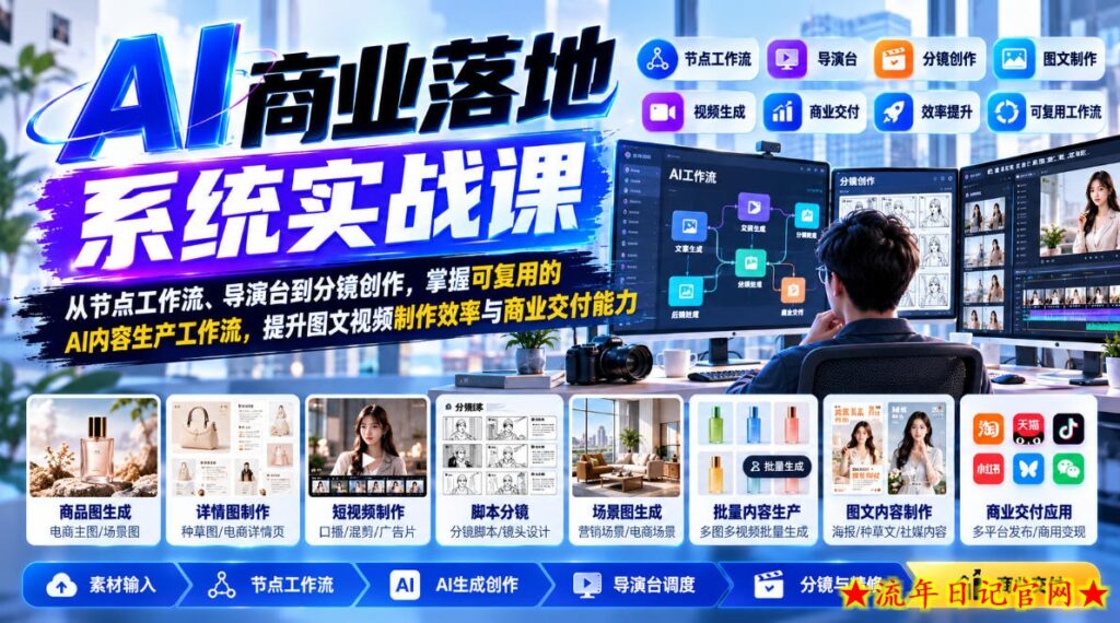 【无水印】AI商业落地系统实战课，从节点工作流、导演台到分镜创作，掌握可复用的AI内容生产工作流，提升图文视频制作效率与商业交付能力-流年日记
