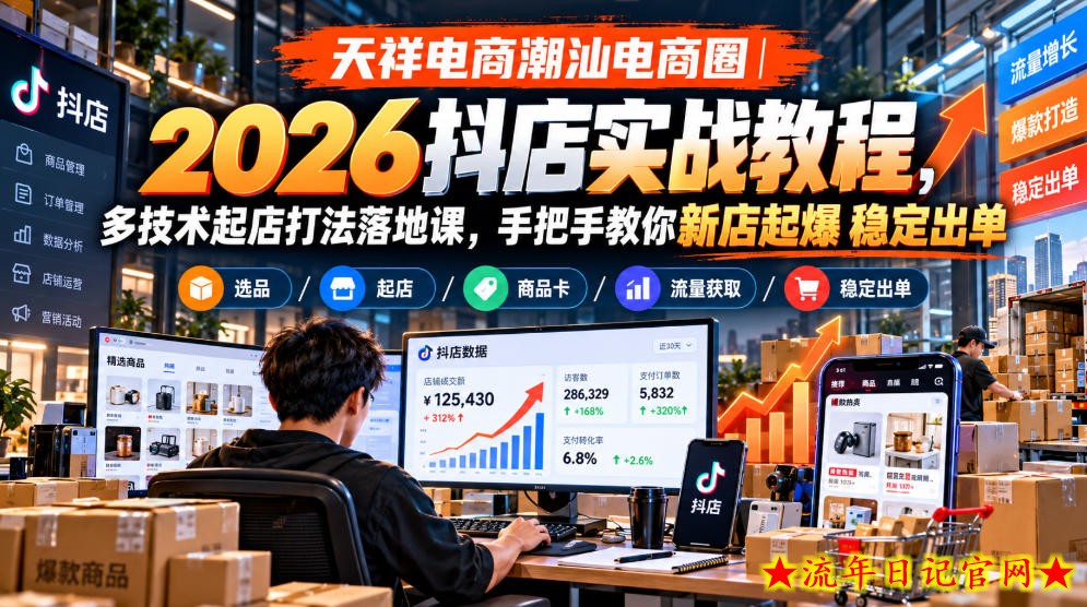 天祥电商潮汕电商圈｜2026抖店实战教程，多技术起店打法落地课，手把手教你新店起爆稳定出单-流年日记