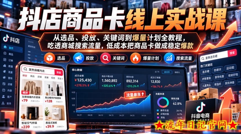 抖店商品卡线上实战课｜从选品、投放、关键词到爆量计划全教程，吃透商城搜索流量，低成本把商品卡做成稳定爆款-流年日记