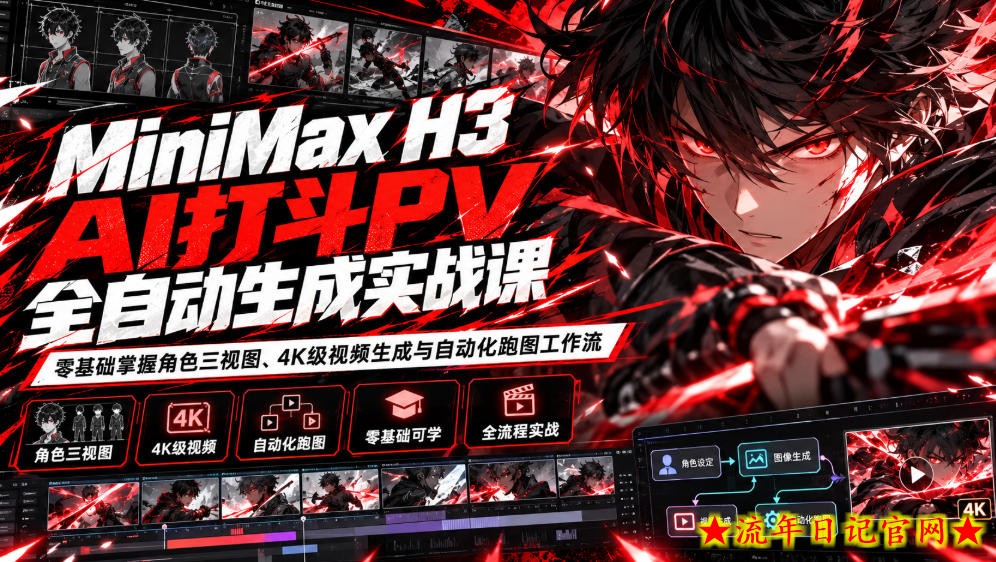 MiniMax H3 AI打斗PV全自动生成实战课：零基础掌握角色三视图、4K级视频生成与自动化跑图工作流-流年日记