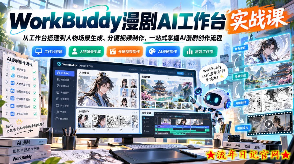 WorkBuddy漫剧AI工作台实战课：从工作台搭建到人物场景生成、分镜视频制作，一站式掌握AI漫剧创作流程-流年日记