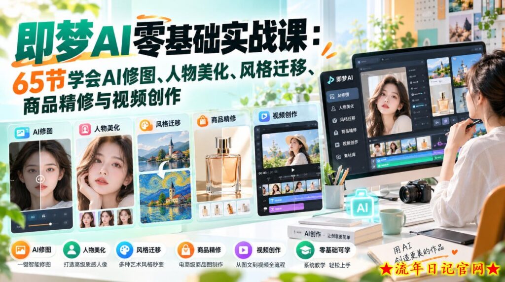 即梦AI零基础实战课：65节学会AI修图、人物美化、风格迁移、商品精修与视频创作-流年日记